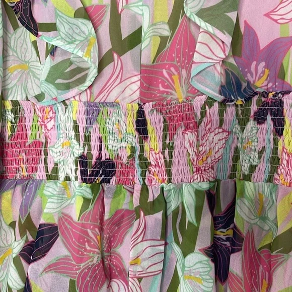 Hutch Floral Printed Ruffled Long Puff Sleeve Pink Mini V Neck Dress Size 10 New - Picture 9 of 9